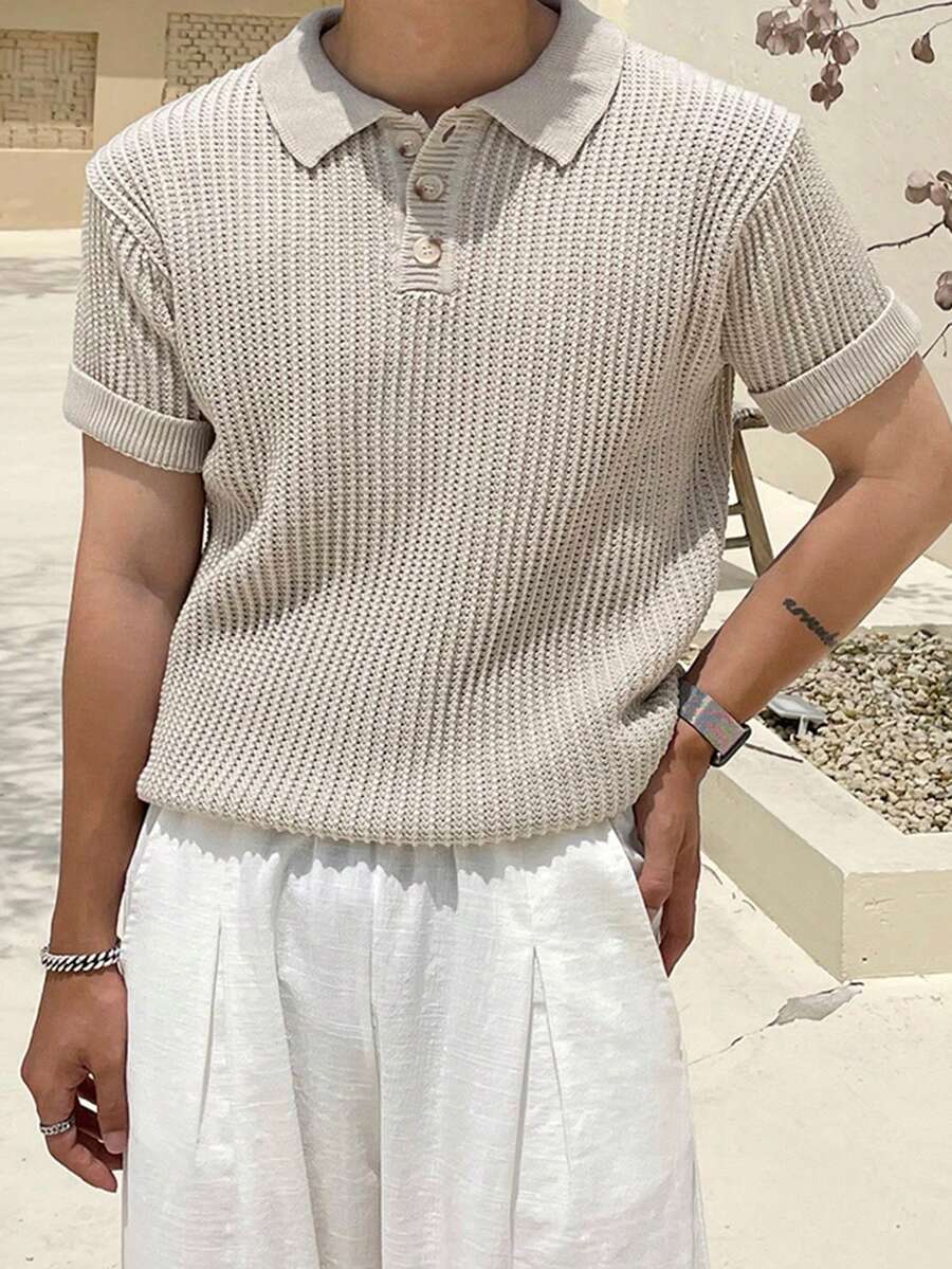 DAZY 男士短袖杏色 Polo 领针织衫，夏季 - 杏色 - 查看 1