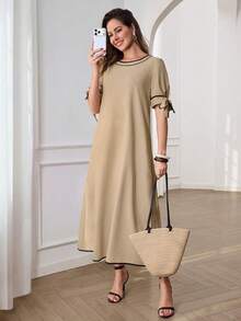 Miaspire 女士撞色圆领常规肩部短袖宽松长连衣裙，休闲百搭，适合春夏度假、外出等场合。 - 彩色 - 查看 6