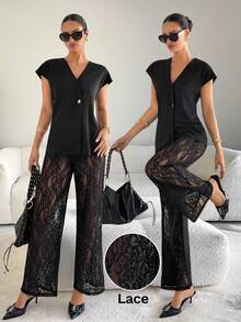 Siren Gaze 两件套女士夏季休闲纯色单扣上衣和蕾丝裤套装 - 黑色 - 查看 2