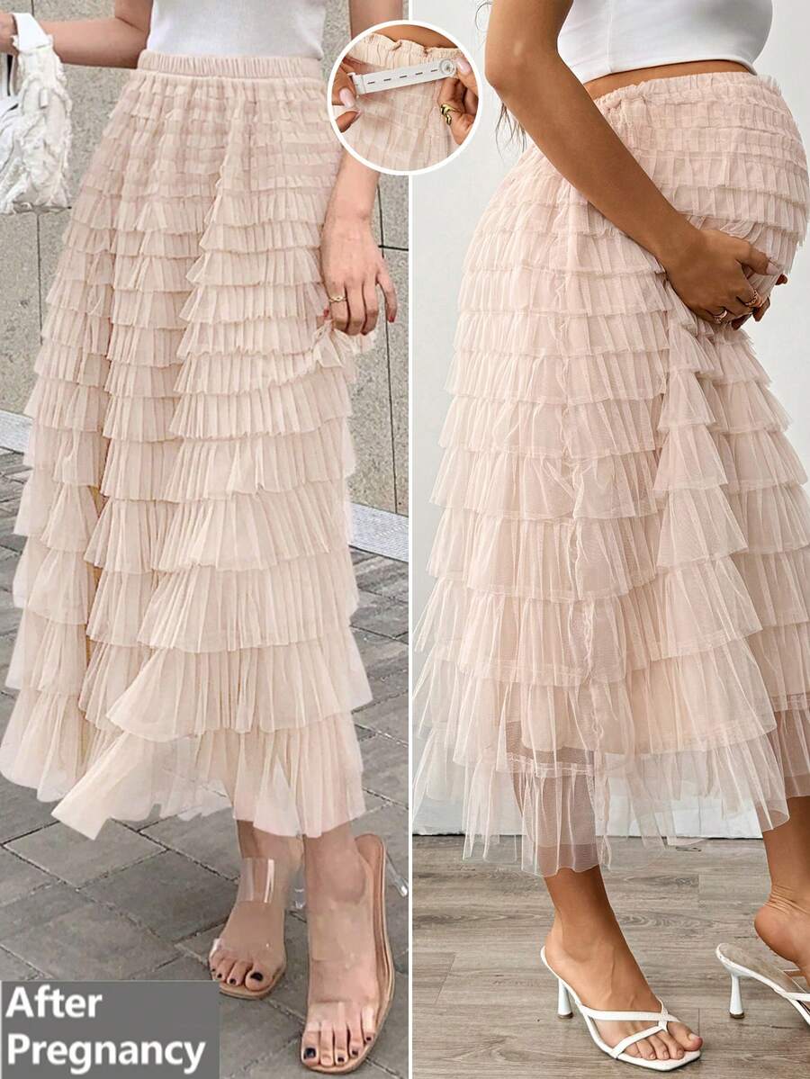 Loomaby Pregnant Women Solid Color Layered Elegant Fashion Skirt,Gender Reveal Skirt,Maternity Skirt, Baby Shower Skirt - Khaki - View 1