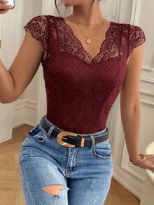 SHEIN Frenchy Áo liền thân nữ cổ chữ V, hở lưng, ren, kiểu Pháp thanh lịch và lãng mạn. - Màu Đỏ Sâu - Xem 6