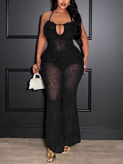 Slaydiva 2026 Spring/Summer New Elegant Sexy Party Black Sheer Leopard Flocked Ruffle Collar Hollow Flare Pants, Suitable For Weddings, Music Festivals, Gatherings, Shopping, Dates, Parties, Clubs, And Daily Wear, Plus Size