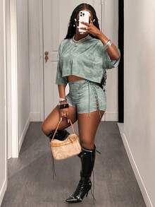 Slaydiva 新款春夏休闲街头日常运动约会圆领落肩宽松T恤+两侧绑带装饰修身短裤绑带装饰仿雪花卡其色游艇套装女装居家办公套装女式上衣女式运动上衣女式动物园套装女装 - 薄荷綠 - 查看 6