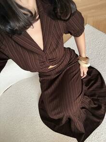 DAZY Women's Casual Striped Puff Sleeve Shirt And Skirt 2 Pieces Set, Summer - Coffee Brown - View 7