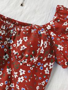 Sweetra 2pcs/Set Ditsy Floral Puff Sleeve Top And Mini Skirt - Rust Brown - View 3