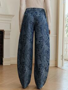 Anewsta 女士高腰宽松休闲印花蓝色喇叭牛仔裤，修身设计，适合情人节、春秋季穿着。 - 藍色 - 查看 2