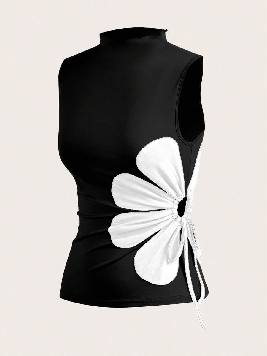 Olithes Women's Cute Floral Decor Drawstring Tank Top,Black And White Summer Seksi Chic Night Out Sleeveless 3d Flower Design Vest,Tie Detail Polka Dot Top - Black - View 1