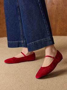 MOTF WOMEN ELEGANT VERSATILE COMMUTING VELVET FLORAL EMBROIDERY BUCKLE STRAP FLATS VALENTINE'S DAY SPRING SHOES - Red - View 7