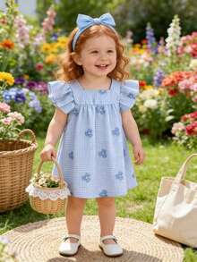 SHEIN 女婴夏季绿色格子短袖迷你连衣裙，田园风格，清新图案，轻盈廓形，适合户外、休闲和派对场合。 - 藍色 - 查看 3