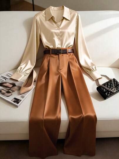 Franclia 女士优雅休闲长袖衬衫和裤子两件套