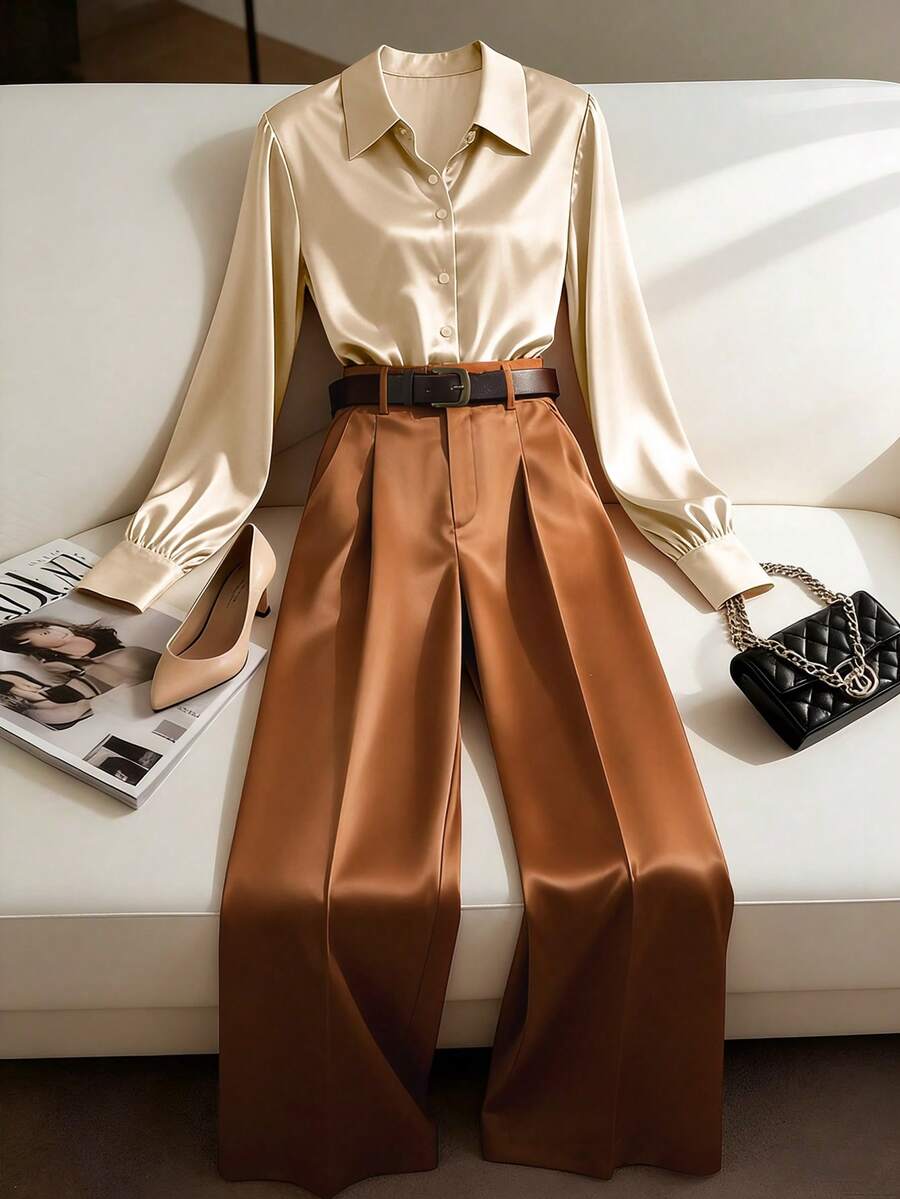 Franclia 女士优雅休闲长袖衬衫和裤子两件套 - 杏色 - 查看 1