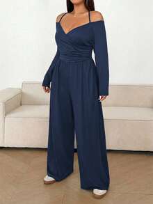 Sunnyshic Mono informal de pierna ancha con hombros descubiertos y fruncido en talla grande para mujer de unicolor - Azul Marino - Ver 3