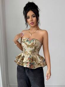 SHEIN Elenzya 女士优雅提花面料短款荷叶边抹胸上衣，休闲沙滩度假日常外出约会派对晚宴时尚性感百搭上衣 - 彩色 - 查看 4