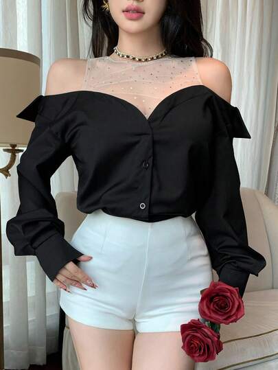 DAZY Women's Sequin Patchwork Off-Shoulder Long Sleeve Pullover Blouse, Elegant Resort Style