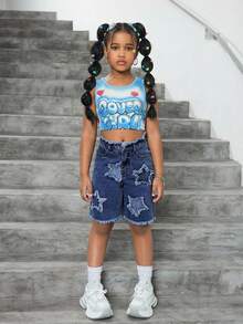 SHEIN Girls' Frayed Star Denim Shorts - Dark Wash - View 4