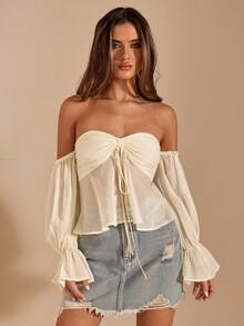 SHEIN BAE Apricot Off-Shoulder Ruffle Sleeve Twist Knot Blouse, Elegant Romantic Ruffle Blouse For Summer, Women Apricot Summer Top - Apricot - View 6