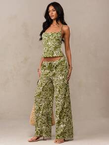 SHEIN BAE 绿色提花刺绣钩编串珠露背上衣，夏季上衣，可爱夏季衬衫，休闲上衣，沙滩装，伊比沙岛 - 綠色 - 查看 3