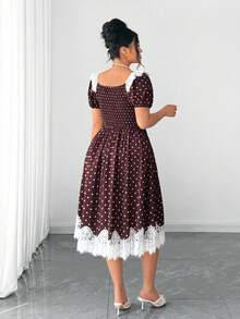 Elenzga Vestido de encaje con lunares de talla grande, cuello cuadrado, parche de encaje, manga abullonada, cintura alta, dobladillo con volantes, empalme de encaje, estilo vintage francés romántico, elegante y casual - Café integral - Ver 5