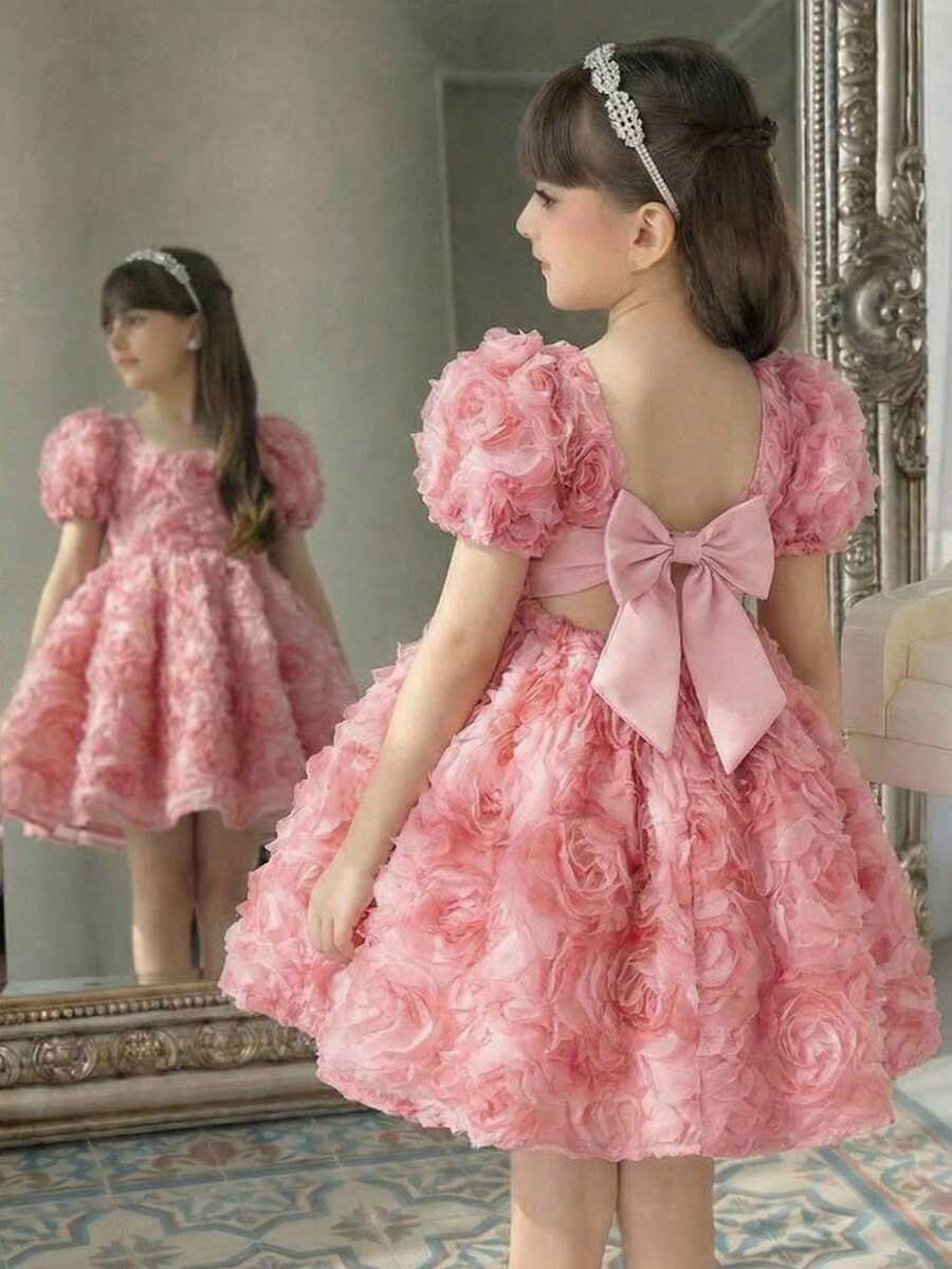 SHEIN 少女款3D网纱方领羊腿袖休闲连衣裙 - 粉色 - 查看 1