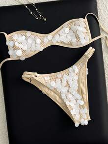 Swim Vcay Summer New Solid Beige Luminous Ocean Style Sequin Mesh Splice Side Adjustable Backless High Cut One-Piece Sexy Influencer Beach Romantic Vacation Bikini Set For Women - Apricot - View 3