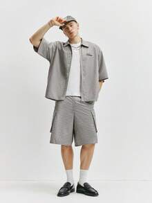 TOKVUE 男士休闲日常百搭通勤格子刺绣衬衫套装 - 灰色 - 查看 1