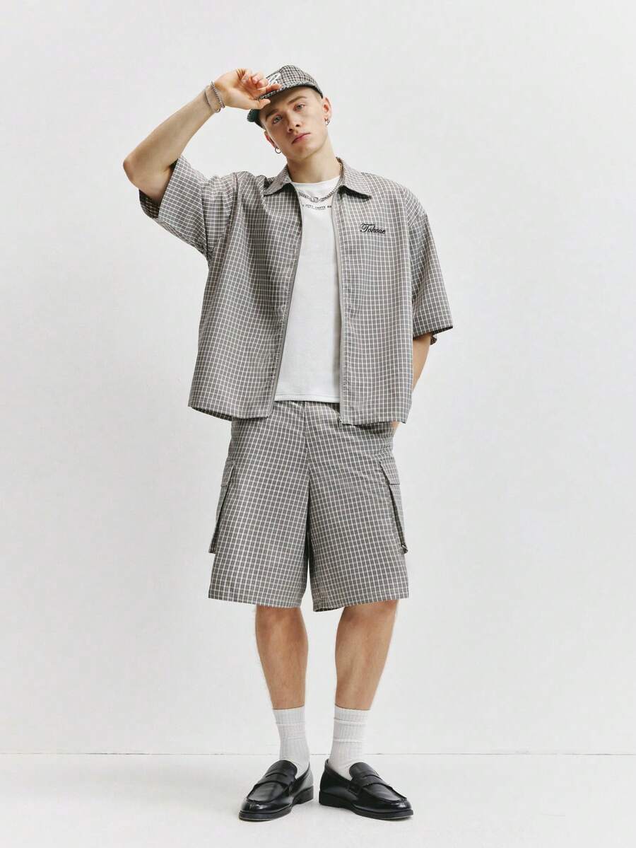 TOKVUE 男士休闲日常百搭通勤格子刺绣衬衫套装 - 灰色 - 查看 1