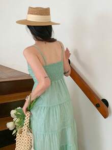 DAZY Women's Green Spaghetti Strap Vacation Glitter Mesh Midi Dress - Green - View 7