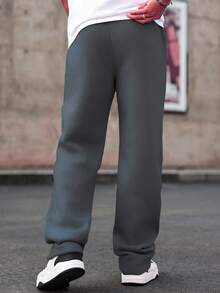 Manfinity Homme 男士休闲纯色抽绳腰带运动裤 - 深灰色 - 查看 2