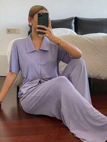 DAZY Ensemble de vêtements de détente pour femmes en tricot de couleur unie avec cordon de serrage à l'ourlet - Prune - Voir 3