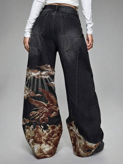 ROMWE Grunge Punk 复古水洗文艺复兴天使刺绣宽松阔腿牛仔裤