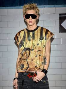ROMWE MEN Street Life Men's Summer Casual Fashionable Street Punk Style Music Note Print Loose Tank Top - Yellow - View 5