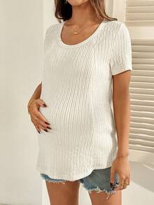 SHEIN 孕妇哺乳纯色圆领短袖T恤 - 杏色 - 查看 5