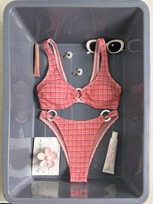 Swim Vcay Conjunto de 2 piezas de traje de baño para mujer con top halter sin espalda con volantes y shorts de pierna alta, en estilo casual de resort, con tela de punto a rayas rojas y blancas y ribete blanco - Multicolor - Ver 8