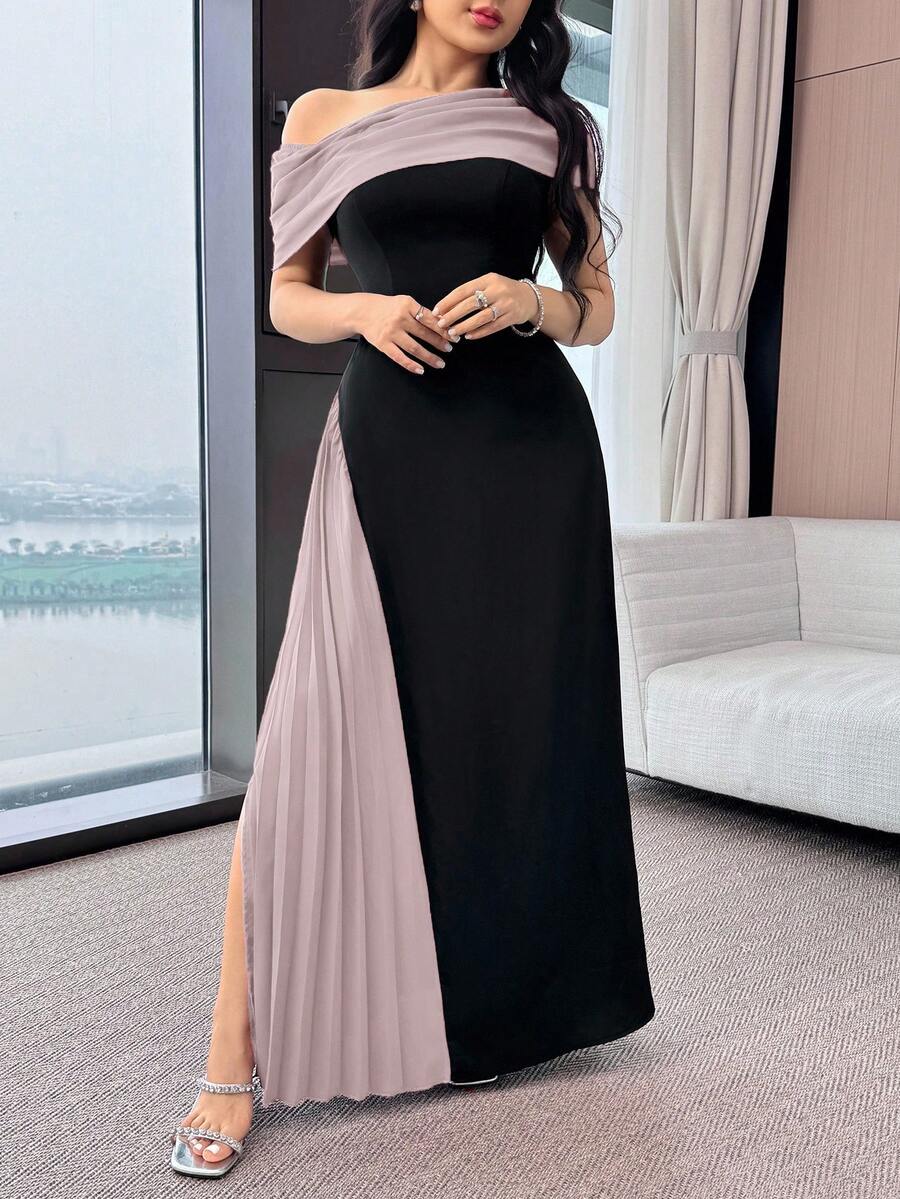 Feyla 女士撞色斜肩束腰优雅连衣裙 - 粉色 - 查看 1