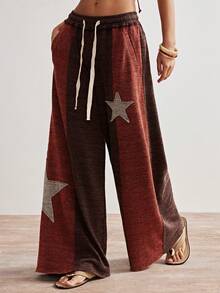 Bohemela 波西米亚风休闲针织拼接星形图案阔腿裤 - 卡其色 - 查看 6