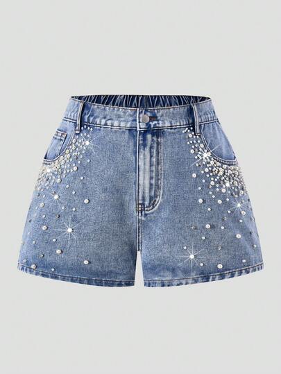 SHEIN MOD Damskie szorty jeansowe w dużych rozmiarach z ozdobnymi perłami i kieszeniami