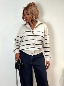 Mariisbox Contrast Color Striped High Neck Long Sleeve Loose Cardigan With Horn Buttons For Women,Fall Women Clothes - Apricot - View 1