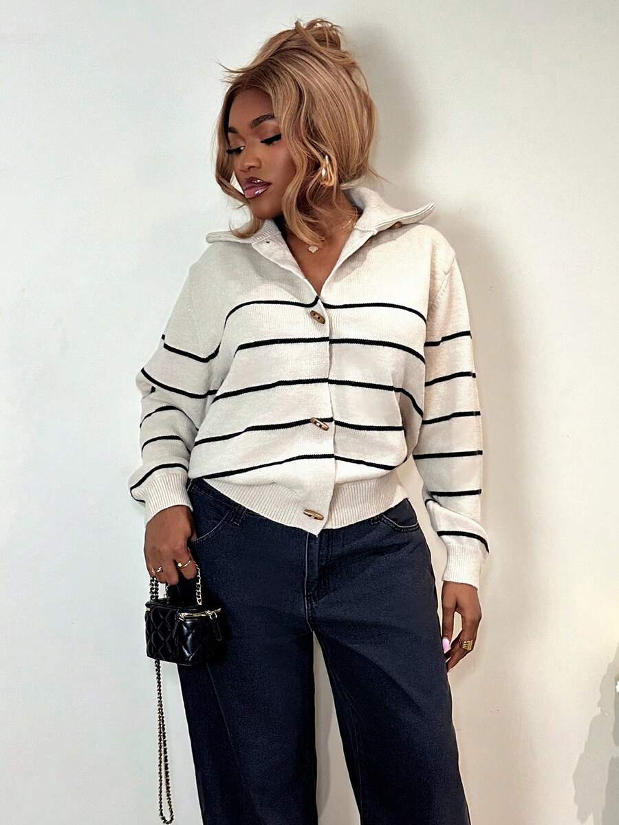 Mariisbox Contrast Color Striped High Neck Long Sleeve Loose Cardigan With Horn Buttons For Women,Fall Women Clothes - Apricot - View 1