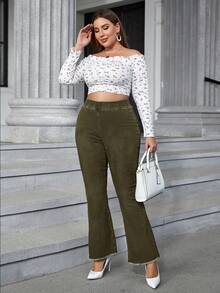 EMERY ROSE Plus Size Casual Everyday Washed Frayed Elastic Waist Flare Jeans - Dark Green - View 3