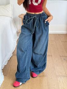 Rivivi Hazy Blue Denim Drawstring Elastic Waist Wide Leg Pants - Dusty Blue - View 1