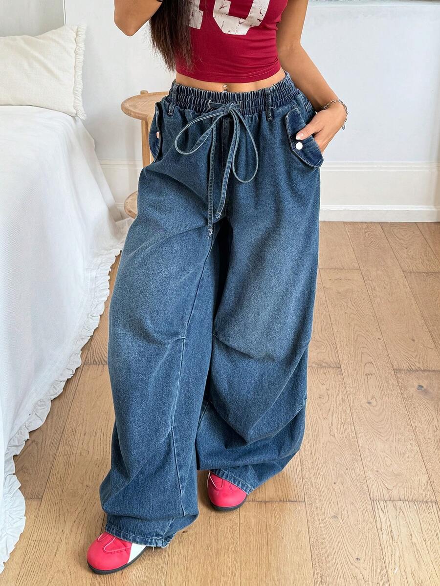 Rivivi Hazy Blue Denim Drawstring Elastic Waist Wide Leg Pants - Dusty Blue - View 1