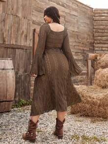 Ceyna 棕色蕾丝透视方领连衣裙，性感度假风，春季 - 棕色 - 查看 2