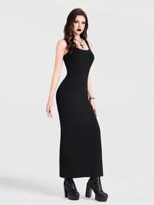 Breakform Women's Gothic Elegant Square Neck Bodycon Dress With Back Slit - Black - View 1