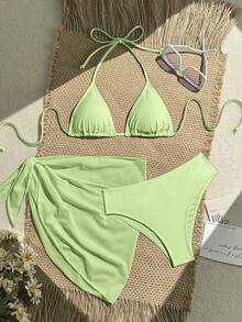 Swim Vcay 3 pièces Ensemble de bikini de couleur unie pour femmes avec maillot de bain imprimé aléatoire - Vert acidulé - Voir 4