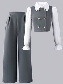 SHEIN Conjunto de 3 piezas para niña preadolescente que incluye blusa de manga acampanada con cuello, chaleco tipo cárdigan y pantalones - Gris - Ver 1