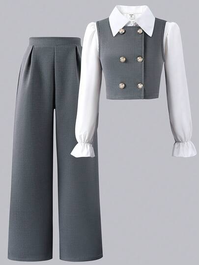 SHEIN 青少年女孩喇叭袖领衬衫 + 开衫背心 + 裤子 3 件套服装