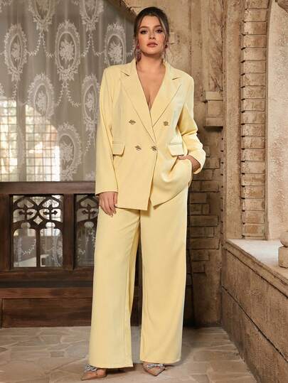 VOLUPTÉ CURVE Plus Size Spring/Summer Suit Set, Urban Minimalist Style, Matte Fabric, Light Yellow, Double-Breasted Lapel, Long Sleeve, Straight Leg Pants, High-End Commuter/Office Wear