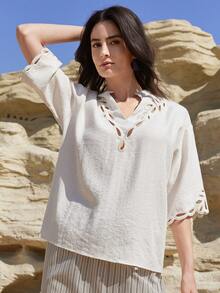 Dazy-Less 女士时尚度假休闲刺绣镂空V领衬衫 - 白色 - 查看 5