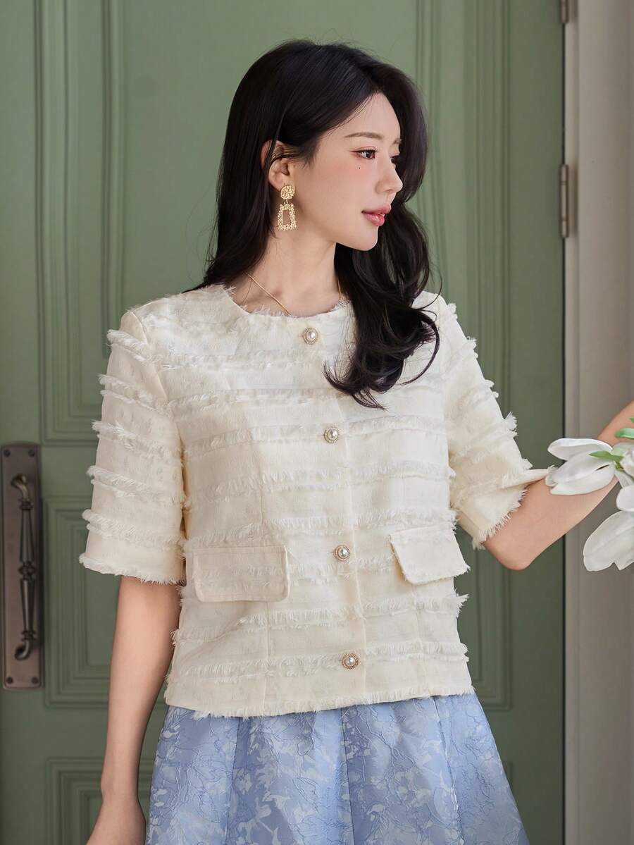 DAZY 女士优雅纹理圆领假口袋西装外套，春夏款 - 米色 - 查看 1