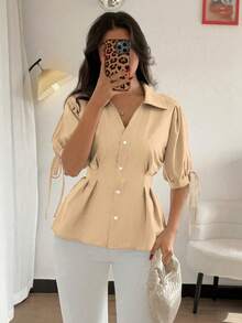 Franclia Áo kiểu tay ngắn thanh lịch, thiết kế ôm eo, tay phồng dành cho nữ, áo mùa hè dự tiệc, áo đi biển, áo kiểu thanh lịch, áo kiểu thường ngày màu nâu. - Màu Khaki - Xem 6